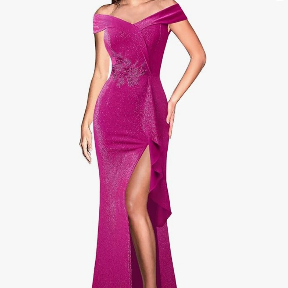 VFSHOW Sexy Elegant Formal Prom Off Shoulder Ruffle Slit Dress (Hot Pink, XL)